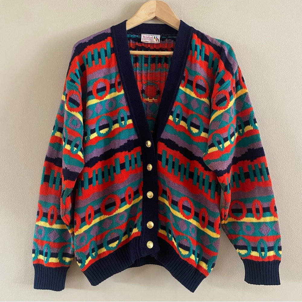 Vintage The Irish Scene Sweater Women’s Cotton Colorful 80s Cardigan Size SMALL